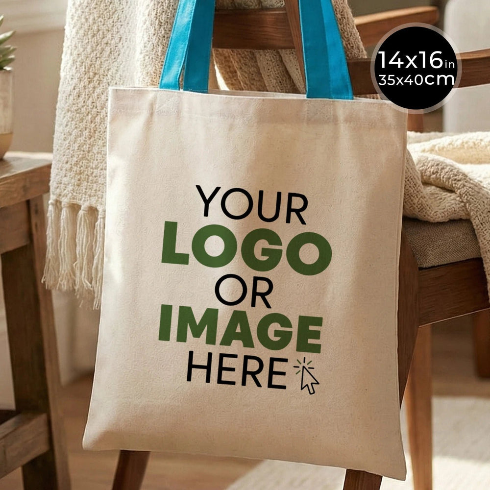 Custom Canvas Purse with Turquoise Handles - 14" x 16" (35x40 cm) - 10 oz - Pamusan.com