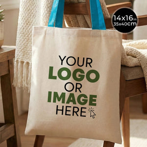 Custom Canvas Purse with Turquoise Handles - 14" x 16" (35x40 cm) - 10 oz - Pamusan.com