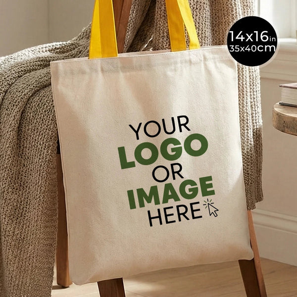 Custom Canvas Purse with Yellow Handles - 14" x 16" (35x40 cm) - 10 oz - Pamusan.com