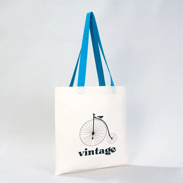 Custom Cotton Tote Bag – 16" × 14" (40 × 35 cm) – Blue Handles - Pamusan.com