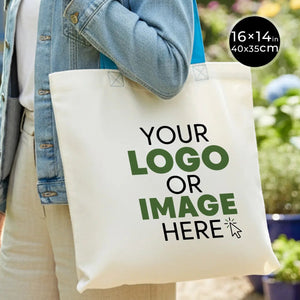 Custom Cotton Tote Bag – 16" × 14" (40 × 35 cm) – Blue Handles - Pamusan.com