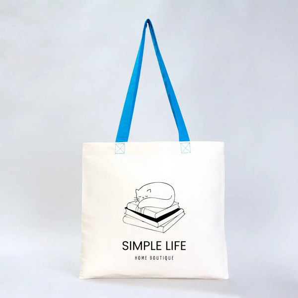 Custom Cotton Tote Bag – 16" × 14" (40 × 35 cm) – Blue Handles - Pamusan.com