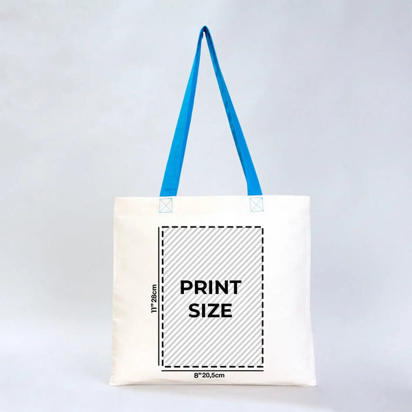 Custom Cotton Tote Bag – 16" × 14" (40 × 35 cm) – Blue Handles - Pamusan.com