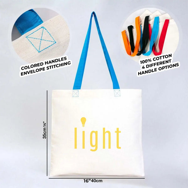 Custom Cotton Tote Bag – 16" × 14" (40 × 35 cm) – Blue Handles - Pamusan.com