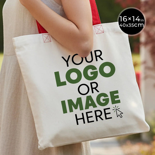 Custom Cotton Tote Bag – 16" × 14" (40 × 35 cm) – Red Handles - Pamusan.com