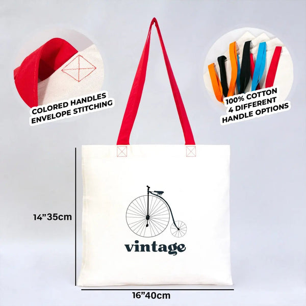 Custom Cotton Tote Bag – 16" × 14" (40 × 35 cm) – Red Handles - Pamusan.com