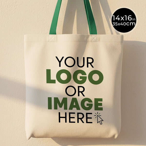 Custom Cotton Tote Bag – Green Handles – 14" × 16" (35 × 40 cm) – 4 oz - Pamusan.com