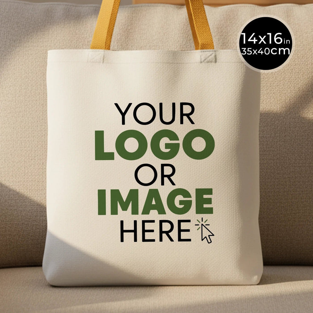 Custom Cotton Tote Bag – Mustard Handles – 14" × 16" (35 × 40 cm) – 4 oz - Pamusan.com