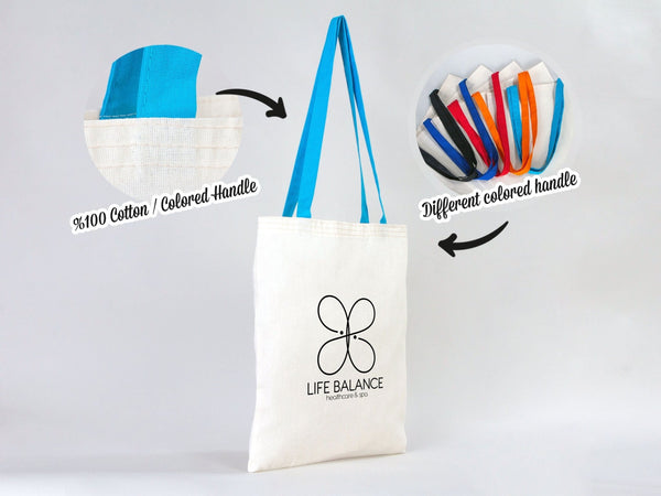 Custom Cotton Tote Bag with Turquoise Handles – 14"W x 16"H | Wholesale Organic Tote Bags - Pamusan.com