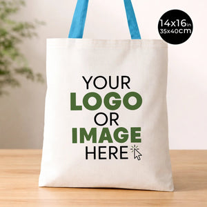 Custom Cotton Tote Bag with Turquoise Handles – 14"W x 16"H | Wholesale Organic Tote Bags - Pamusan.com