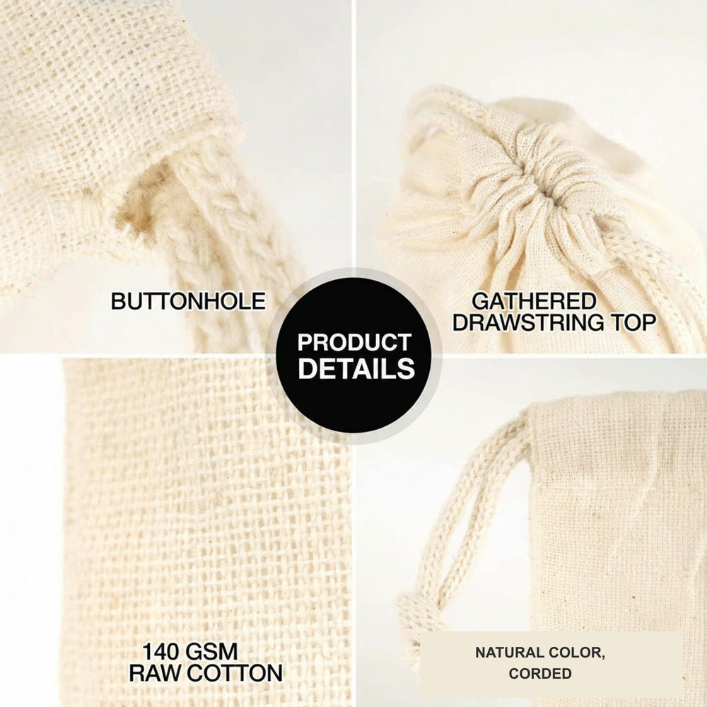 Custom Drawstring Pouch – Printed Natural Cotton Muslin Favor Bag 4"x8" (10x20 cm)