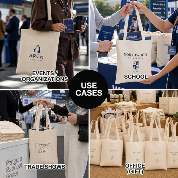 Custom Tote Bag 12"x14" With Logo – use cases at events, school, trade shows and office – Pamusan.com