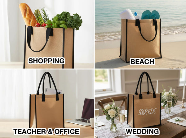 Custom Jute Tote Bag 14" x 16" x 4" Bulk Eco - Friendly Bag with Black Handles - Pamusan.com