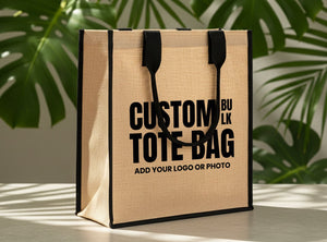 Custom Jute Tote Bag 14" x 16" x 4" Bulk Eco - Friendly Bag with Black Handles - Pamusan.com
