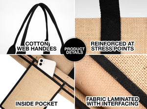 Custom Jute Tote Bag 14" x 16" x 4" Bulk Eco - Friendly Bag with Black Handles - Pamusan.com