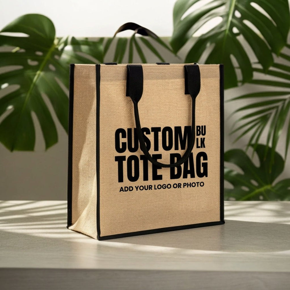 Custom Jute Tote Bag 14" x 16" x 4" Bulk Eco - Friendly Bag with Black Handles - Pamusan.com