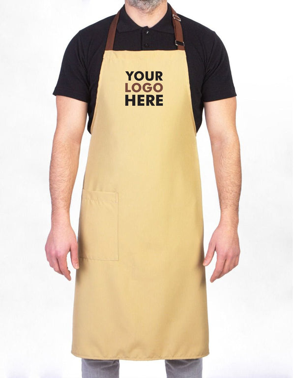 Custom Kitchen Apron with Logo – Beige & Light Brown Adjustable Chef Apron with Pocket, 175 g/m² Poly-Viscose - Pamusan.com