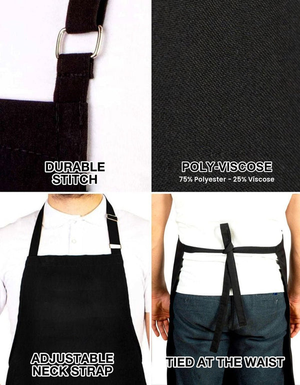 Custom Kitchen Apron with Logo – Black Adjustable Chef Apron with Pocket, 175 g/m² Poly-Viscose - Pamusan.com