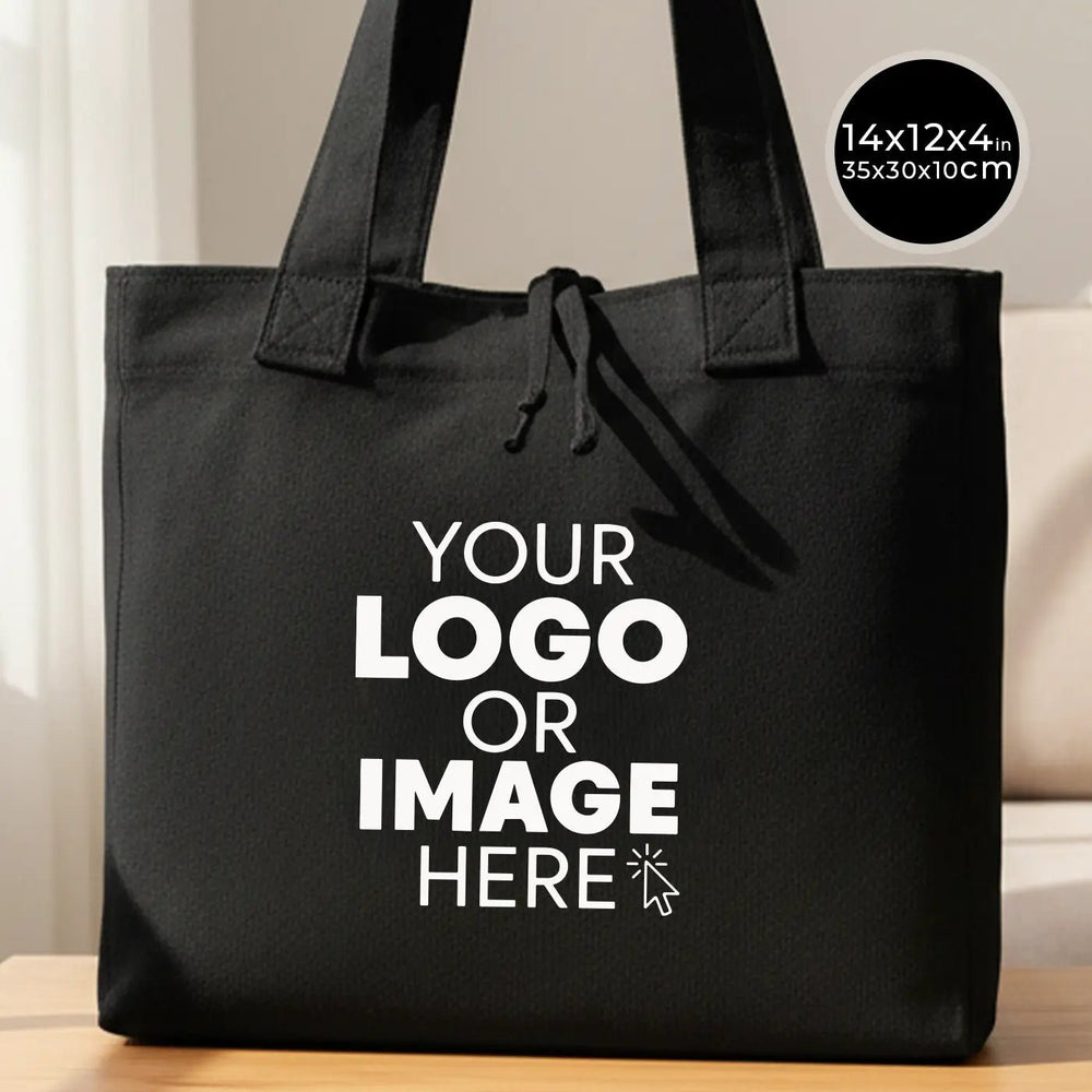 Custom Logo Black Shopping Tote Bags – 14" × 12" × 4" (35 × 30 × 10 cm) – 10 oz - Pamusan.com