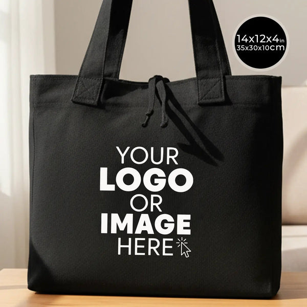 Custom Logo Black Shopping Tote Bags – 14" × 12" × 4" (35 × 30 × 10 cm) – 10 oz - Pamusan.com