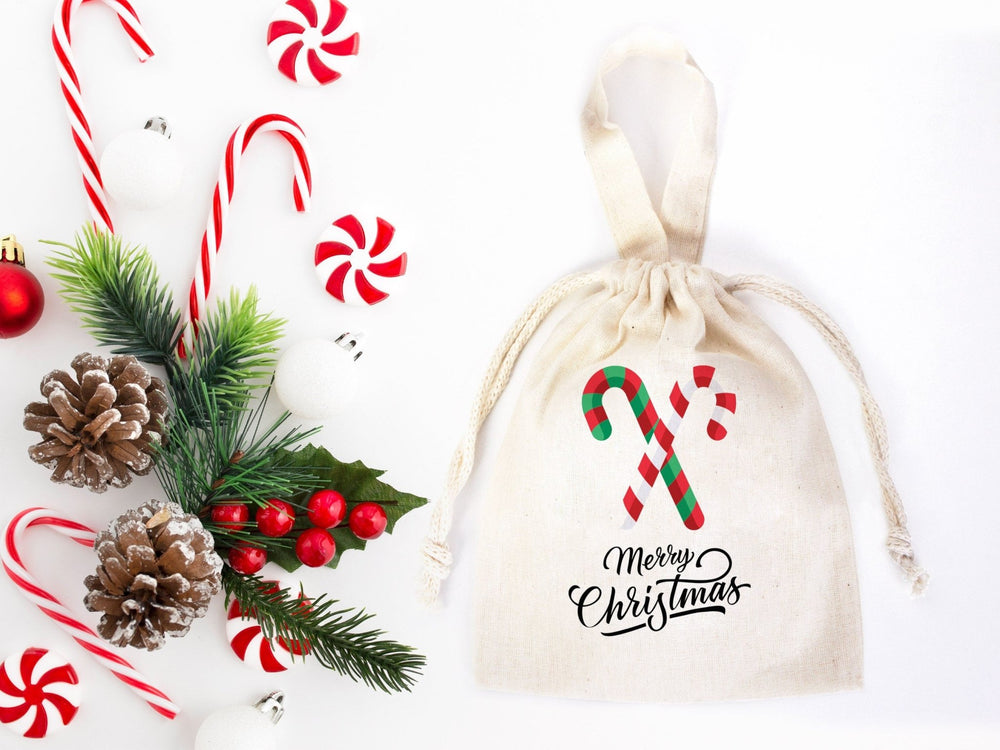 Custom Merry Christmas Bags Logo & Text - 6"W x 8"H (15.5 cm x 20 cm) - Personalized Cotton and Muslin Pouches for Family or Company Gifts - Pamusan.com
