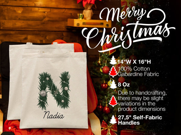 Custom Name Christmas Tote Bag 14"W x 16"H (35 x 40 cm) - Custom Name Holiday Gift, Festive Family Bag, Christmas