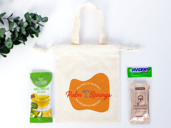Custom Name Palm Springs Bachelorette Party Bags - 6"W x 8"H (15.5 x 20 cm) Hangover Kit Pouch - Survival Kit - Custom Print Bags for Party , Organic Cotton Bag - Pamusan.com