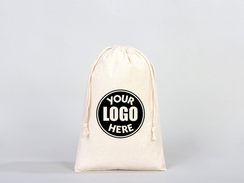 Custom Pouches, Logo Pouch Bag - 8"W x 12"H (20 x 30 cm) Personalized Cotton Muslin Bag - Personalized Organic Cotton Mini Favor Bag - Pamusan.com