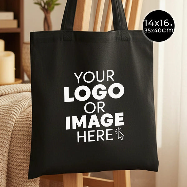 Custom Printed Black Cotton Tote Bag – 14" × 16" (35 × 40 cm) – 4 oz - Pamusan.com