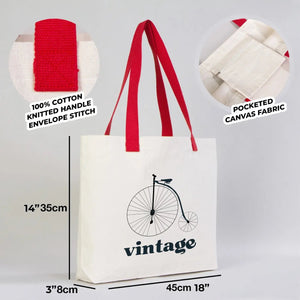 Custom Printed Canvas Tote Bag with Red Woven Handles – 18" × 14" × 3" (45 × 35 × 8 cm) – Thick 10 oz Cotton - Pamusan.com