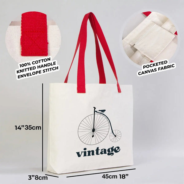 Custom Printed Canvas Tote Bag with Red Woven Handles – 18" × 14" × 3" (45 × 35 × 8 cm) – Thick 10 oz Cotton - Pamusan.com