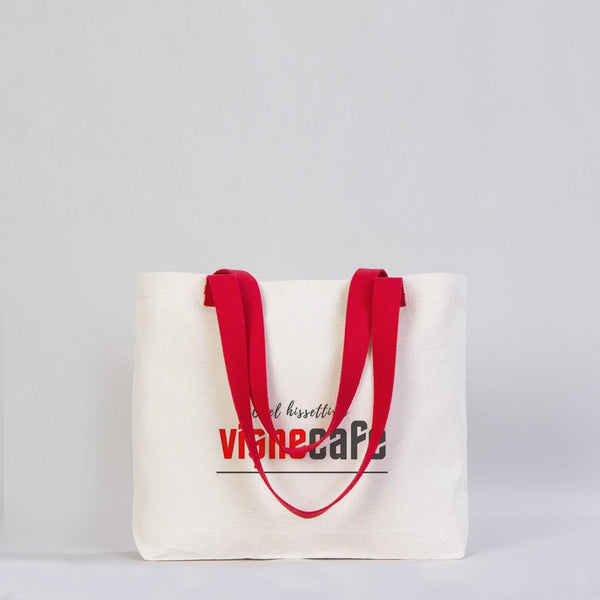 Custom Printed Canvas Tote Bag with Red Woven Handles – 18" × 14" × 3" (45 × 35 × 8 cm) – Thick 10 oz Cotton - Pamusan.com