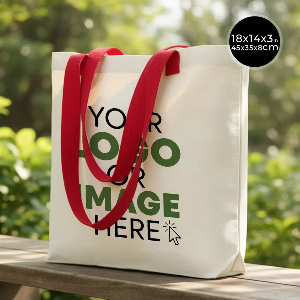 Custom Printed Canvas Tote Bag with Red Woven Handles – 18" × 14" × 3" (45 × 35 × 8 cm) – Thick 10 oz Cotton - Pamusan.com