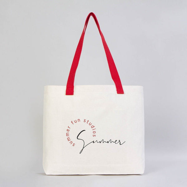 Custom Printed Canvas Tote Bag with Red Woven Handles – 18" × 14" × 3" (45 × 35 × 8 cm) – Thick 10 oz Cotton - Pamusan.com