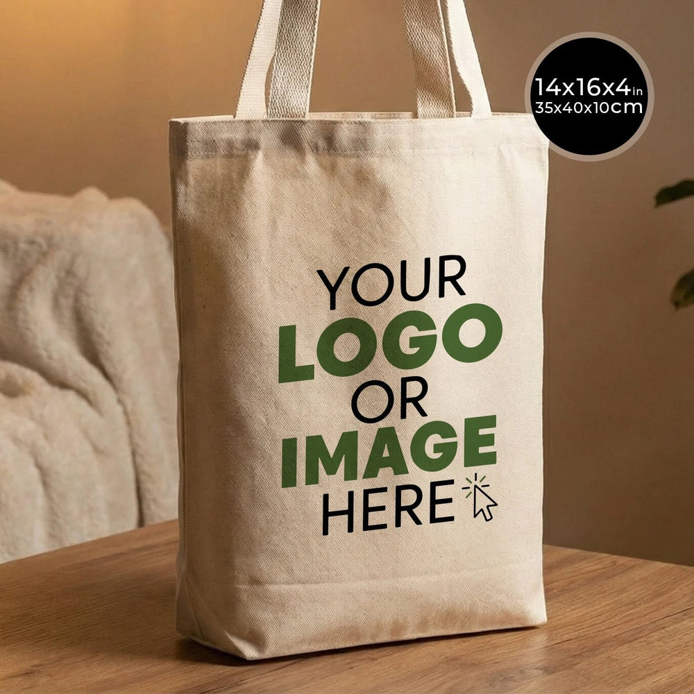 Custom Printed Canvas Tote Bag with Woven Handles – 14" × 16" × 4" (35 × 40 × 10 cm) – Natural 10 oz - Pamusan.com