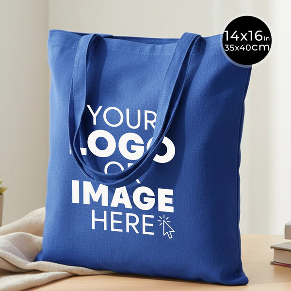 Blue tote bag with customizable text on a neutral background
