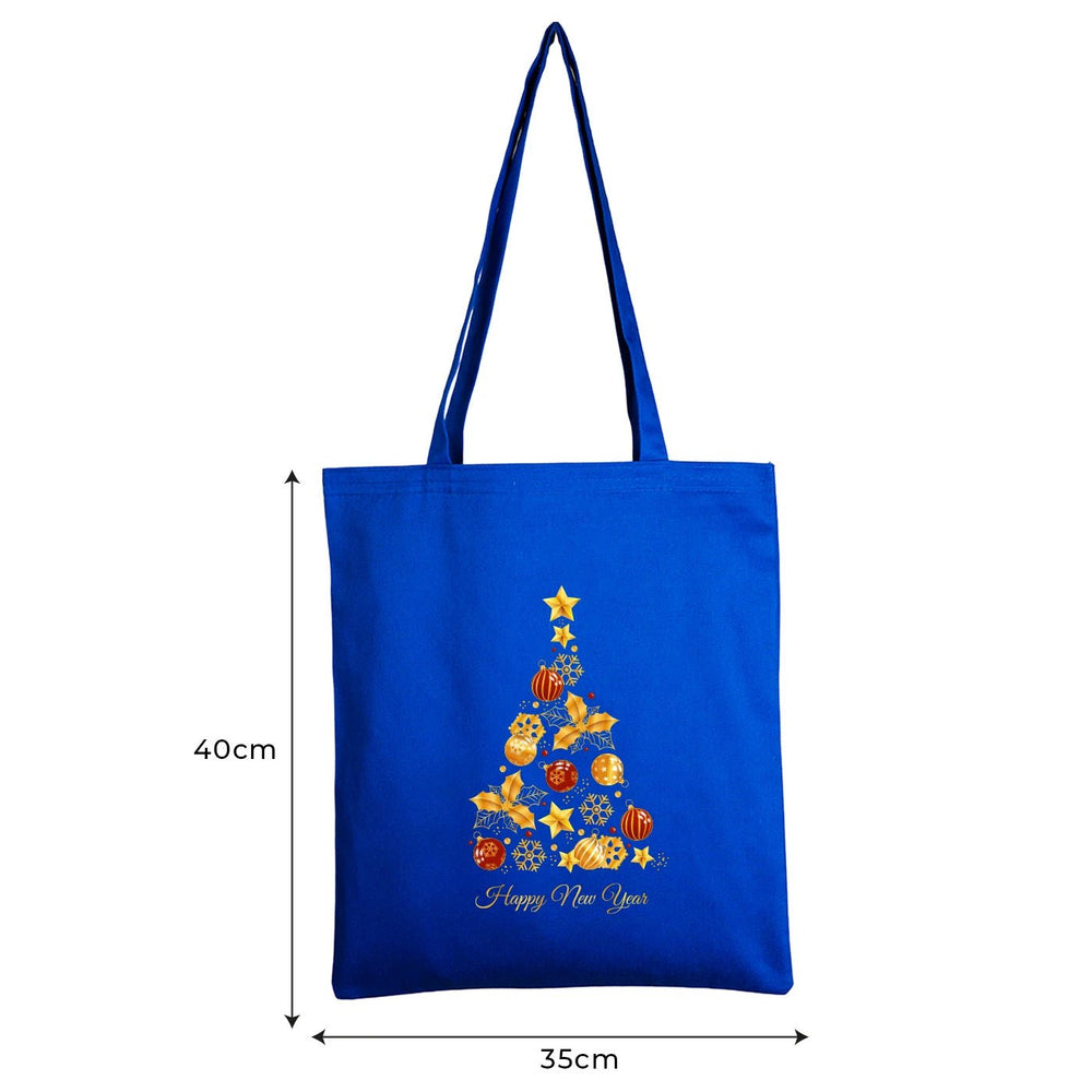 Blue tote bag with customizable text on a neutral background