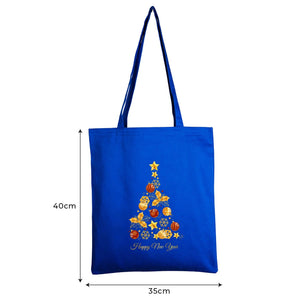 Blue tote bag with a Christmas tree design and measurements on a white background