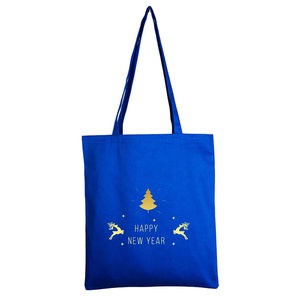 Blue tote bag with gold Christmas tree and reindeer design on a white background