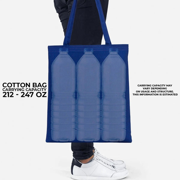 Blue cotton bag with water bottles held by a person, on a white background