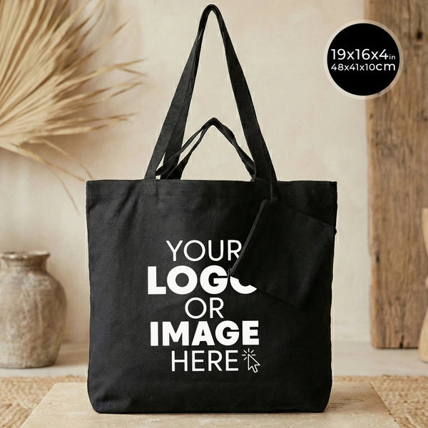 Custom Printed Foldable Cotton Shopping Bag with Black Clutch – 19" × 16" × 4" (48 × 41 × 10 cm) - 4 oz - Pamusan.com