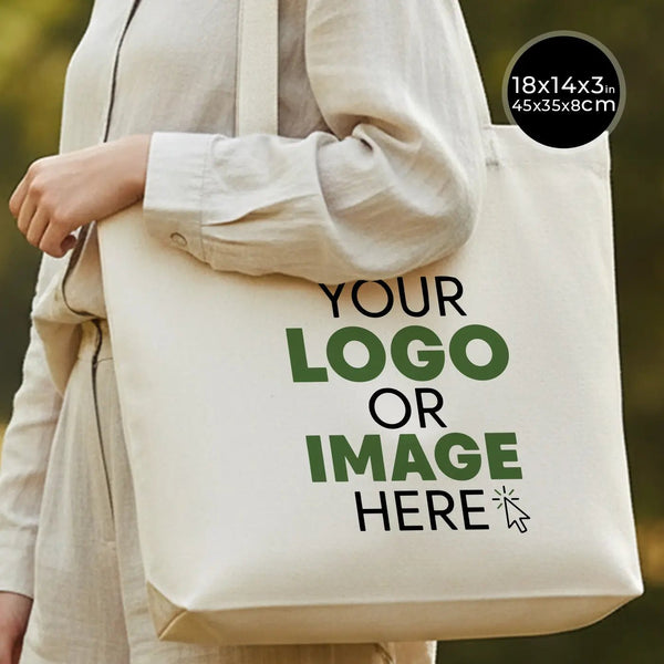 Custom Printed Natural Canvas Tote Bag with Woven Handles – 18" × 14" × 3" (45 × 35 × 8 cm) – Thick 10 oz Cotton - Pamusan.com