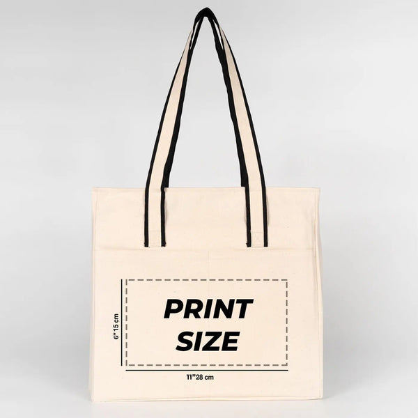 Custom Printed Zippered Canvas Tote Bag – 16" × 14" × 4" (40 × 35 × 10 cm) – Front Pockets – Black Handle - Pamusan.com
