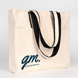 Custom Printed Zippered Canvas Tote Bag – 16" × 14" × 4" (40 × 35 × 10 cm) – Front Pockets – Black Handle - Pamusan.com