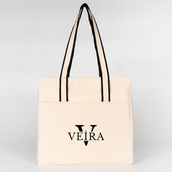 Custom Printed Zippered Canvas Tote Bag – 16" × 14" × 4" (40 × 35 × 10 cm) – Front Pockets – Black Handle - Pamusan.com