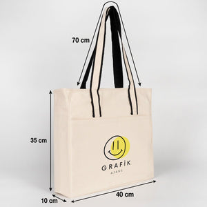Custom Printed Zippered Canvas Tote Bag – 16" × 14" × 4" (40 × 35 × 10 cm) – Front Pockets – Black Handle - Pamusan.com