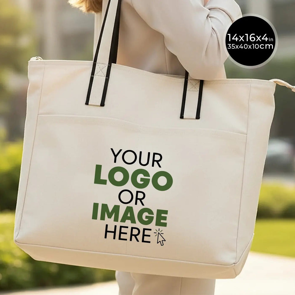 Custom Printed Zippered Canvas Tote Bag – 16" × 14" × 4" (40 × 35 × 10 cm) – Front Pockets – Black Handle - Pamusan.com