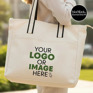 Custom Printed Zippered Canvas Tote Bag – 16" × 14" × 4" (40 × 35 × 10 cm) – Front Pockets – Black Handle - Pamusan.com