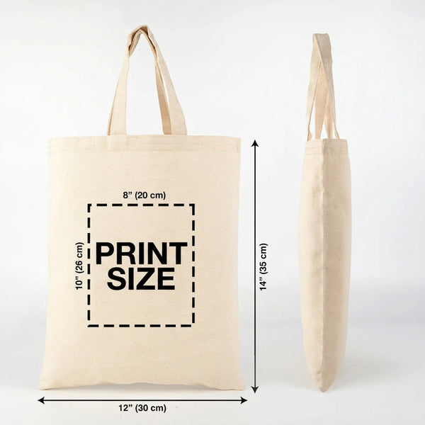 Custom Short Handle Tote Bag 12"x14" With Logo – print size diagram in inches and cm – Pamusan.com