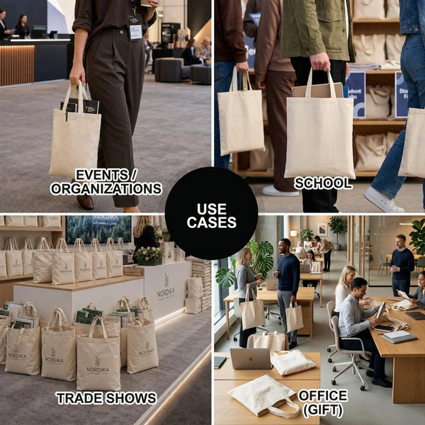 Custom Short Handle Tote Bag 12"x14" With Logo – use cases at events, school, trade shows and office – Pamusan.com